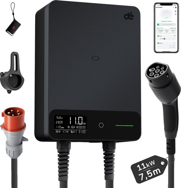 dé Wallbox Typ 2 Ladestation 11kW 16A 3-Phasen mit Tuya Smart App-Steuerung und Wi-Fi, Schwarz - Bild 1