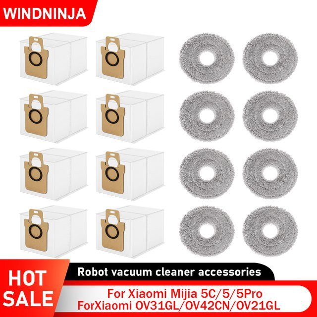 WINDNINJA Waschbare Mopp-Tücher und Staubbeutel für Xiaomi Mijia 5, 5C, 5 Pro, OV31GL, OV42CN und OV21GL Roboterstaubsauger Zubehör in Weiß - Bild 1