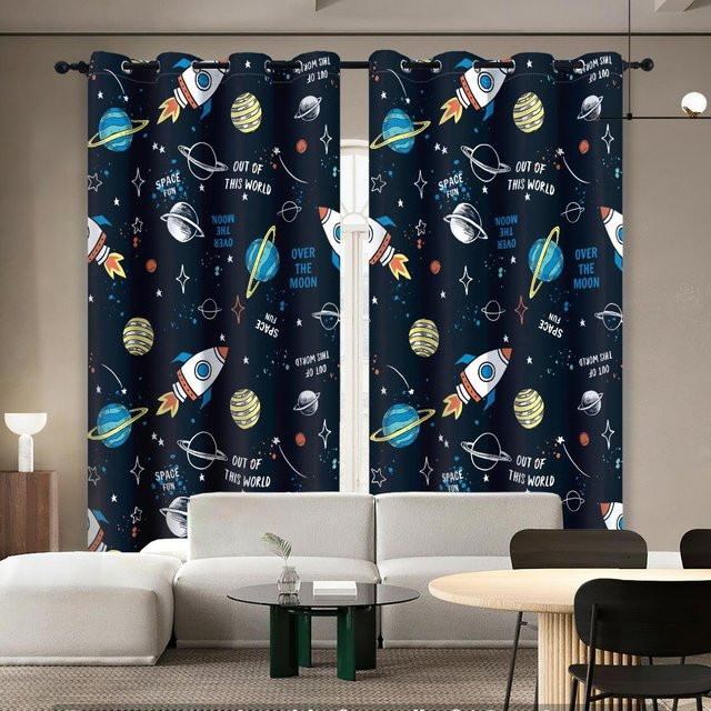 Yiran Furniture Verdunkelungsvorhänge für Kinderzimmer mit Astronauten-Weltraum-Motiv, Blau, B: 60 cm, H: 60 cm, 2er-Set - Bild 1