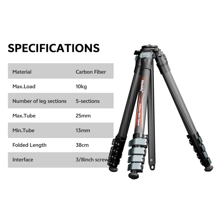 Manbily PH-10 Kohlefaser-Stativ für Mobiltelefone und DSLR-Kameras, 25-mm-Rohr, max. Belastbarkeit 10 kg, Schwarz/Grau - Bild 2