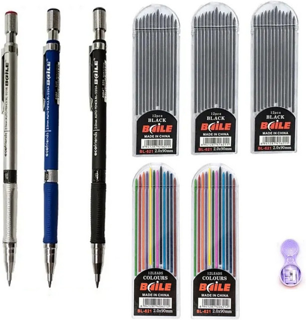Mechanisches Bleistift-Set 2,0 mm mit 2B Minen in Schwarz und Mehrfarbig für Schule und Zeichnen - Bild 1