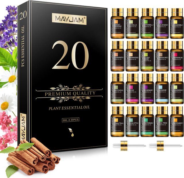 MAYJAM Geschenkbox mit 20 Flaschen ätherischen Ölen in verschiedenen Düften wie Lavendel, Jasmin, Eukalyptus, Vanille, Patchouli, Citronella, Sandelholz, Rose und Orange - Bild 1