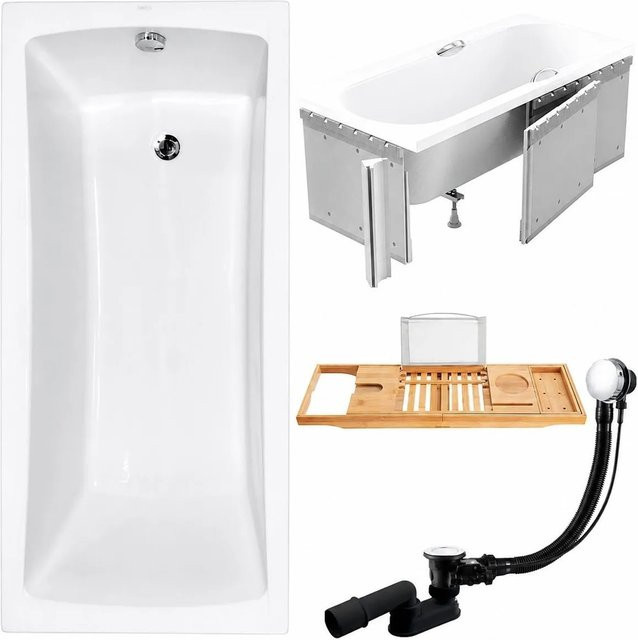 KOLMAN Badewanne Rechteck aus Acryl in Weiß mit Styroporverkleidung, Bambus-Badewannenablage und Anti-Rutsch-Funktion, B/T: 150 x 70 cm - Bild 1