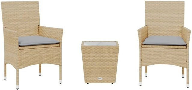 vidaXL 3-teiliges Bistro-Set aus Poly-Rattan und Glas in Beige mit Kissen - Bild 1