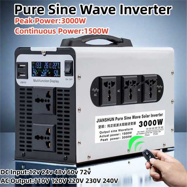 Reiner Sinus-Wechselrichter mit 3000 W Leistung, DC 12 V bis 72 V zu AC 110 V oder 220 V, Solar-Auto-Wechselrichter mit LED-Anzeige - Bild 1
