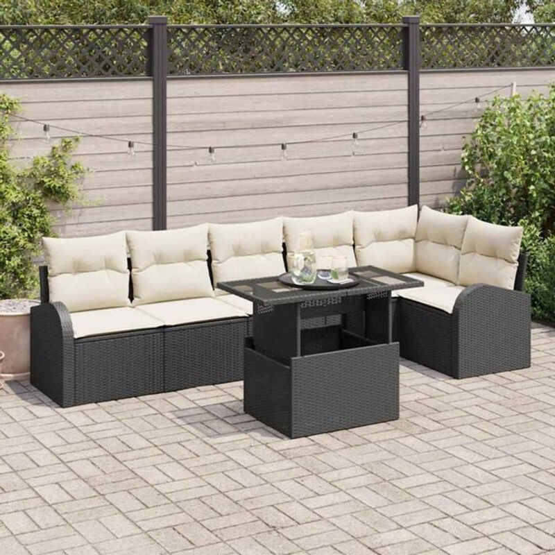 Vidaxl Garten-Sofa-Set aus Polyrattan in Schwarz, 7-teilige moderne Loungemöbel-Garnitur mit Polyester-Polstern, B/T/H: 100 x 55 x 73 cm - Bild 1