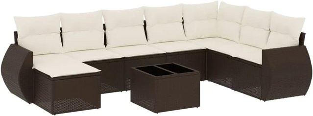 vidaXL 9-tlg Garten-Sofagarnitur in L-Form aus braunem PE-Rattan mit wetterfesten Kissen und pulverbeschichtetem Stahlgestell - Bild 1