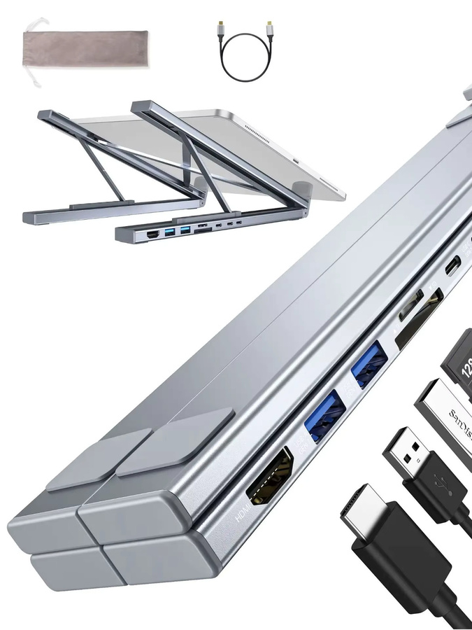 kebidumei 7-in-1 USB C Laptop Stand Docking Station mit HDMI, USB 3.0 und SD/TF Kartenleser, verstellbare Aluminium Halterung in Silber - Bild 6