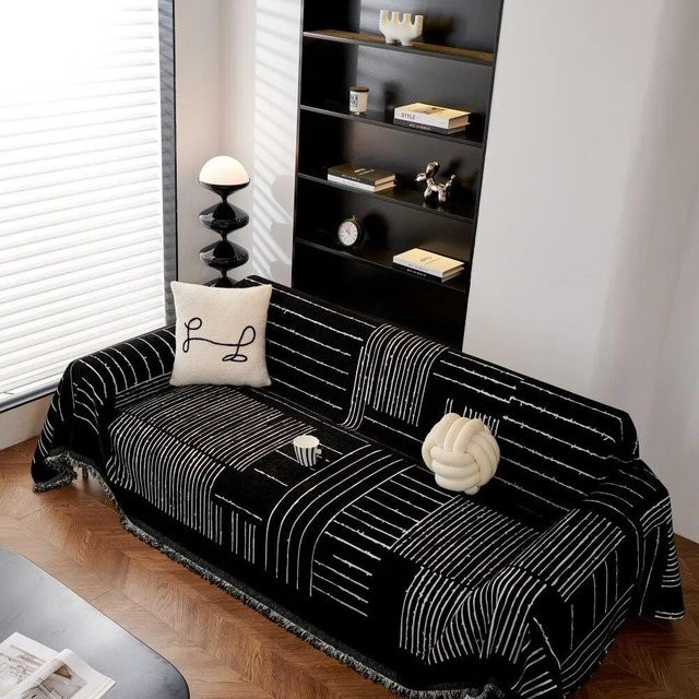 Luxuriöser Sofabezug von A Family Of Home Textiles mit schwarz-weißem Streifenmuster, rutschfester Polyester-Stoff, B/B: 180 x 260 cm - Bild 1