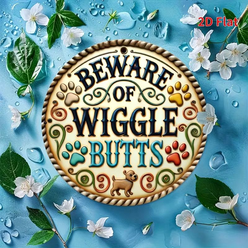 Potdemiel Vintage-Metallschild Beware of Wiggly Butts mit Hundepfotenabdrücken, runde Wandkunst aus Eisen, Durchmesser: 20,3 cm - Bild 3