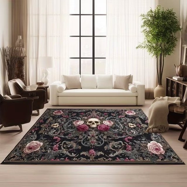 VIKAMA Teppich mit Totenkopf und Rosen im Dark Academia Vintage Design, rutschfest und waschbar, Multicolour, B: 120 cm, T: 80 cm - Bild 1