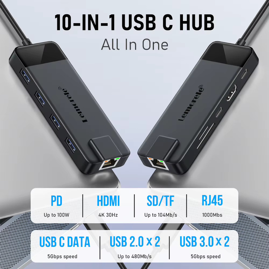Lemorele TC93 USB-C Hub mit 4K HDMI, RJ45 Gigabit Ethernet, USB 3.0, VGA sowie SD und TF Kartenleser für MacBook Pro und Air - Bild 4