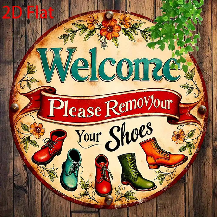 Retro Metallschild CIFBUY Willkommen bitte entfernen Sie Ihre Schuhe mit Blumenmuster, Wandkunst für rustikale Heimdekoration, B/H: 20,32 x 20,32 cm, Mehrfarbig - Bild 3