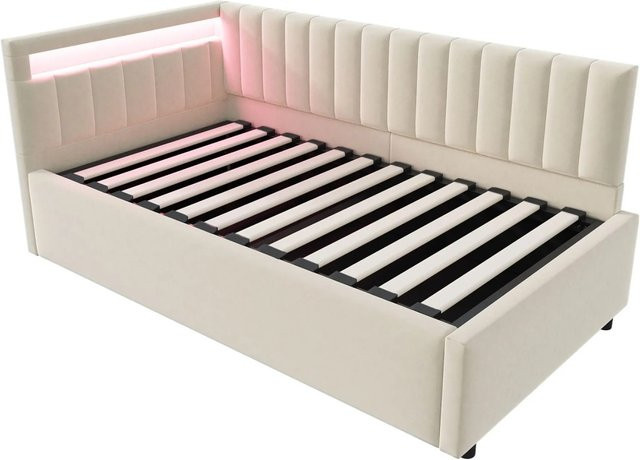 Merax Schlafsofa aus Samt in Beige mit LED-Unterbettbeleuchtung und Hydraulik-Funktion B/T/H: 90 x 200 x 120 cm - Bild 1
