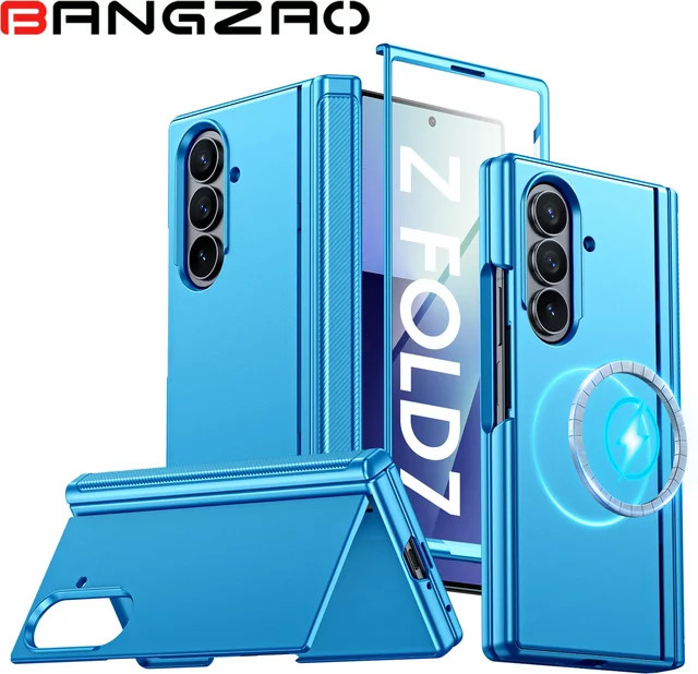 Magnetische Hülle für Samsung Galaxy Z Fold 7 mit integriertem 9H Glas-Displayschutz, Scharnierschutz und verstecktem Ständer in Hellblau - Bild 1