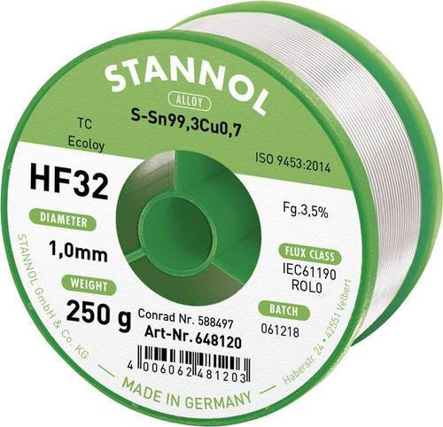 Stannol HF32 3500 Lötzinn bleifrei Sn99,3Cu0,7 REL0 silber 250g 1mm - Bild 1