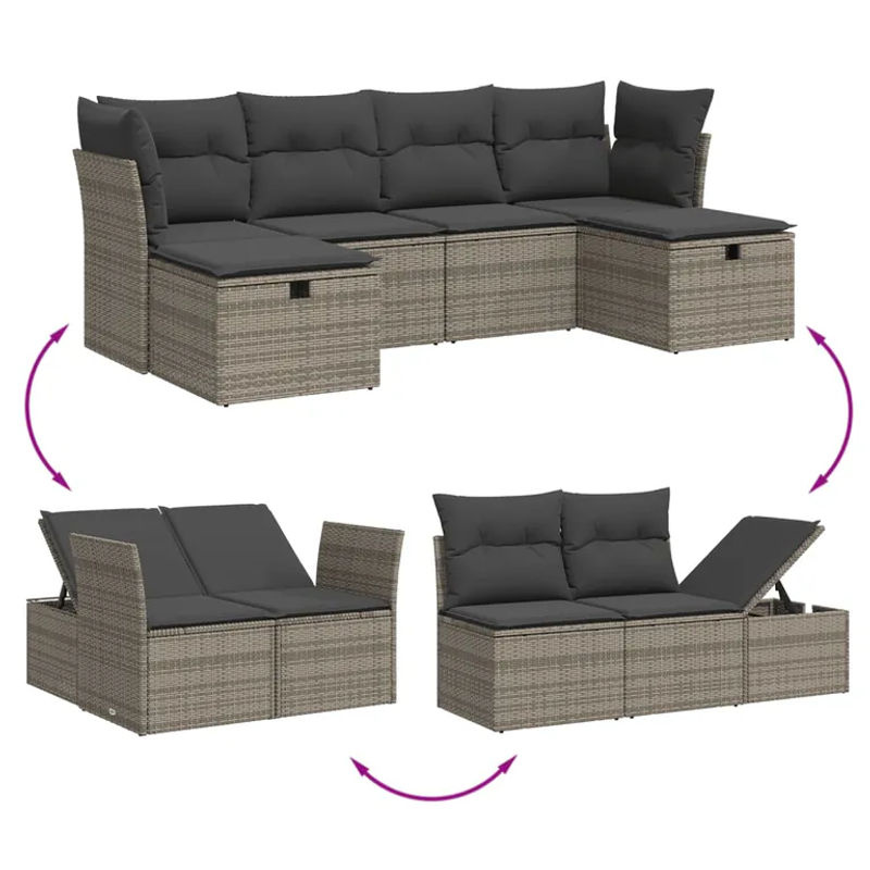 vidaXL 6-teilige Garten-Sofagarnitur in L-Form mit Polsterkissen und Ottoman, Grau, Poly Rattan und Metallrahmen - Bild 4