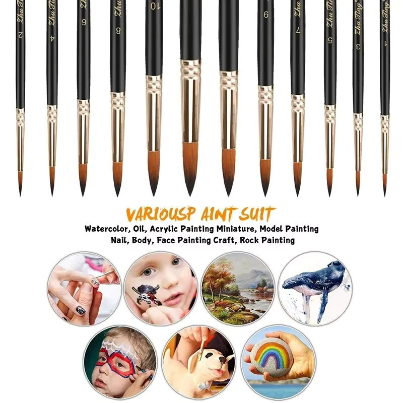12er Set Professionelle Künstlerpinsel mit runder Spitze aus schwarzem Nylon für Aquarell, Acryl und Ölfarben - Bild 5
