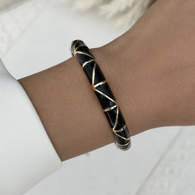 Manschettenarmband TuiYing001, Weißes Emaille, Geometrisch, Damen, Black - Bild 1