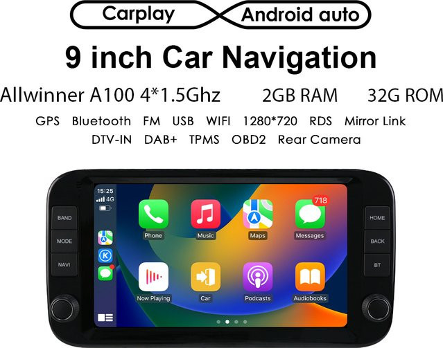 OSSURET 9-Zoll Carplay und Android Auto Autoradio für Fiat Panda 2013 - 2020 mit GPS und QLED-Bildschirm in Schwarz - Bild 1