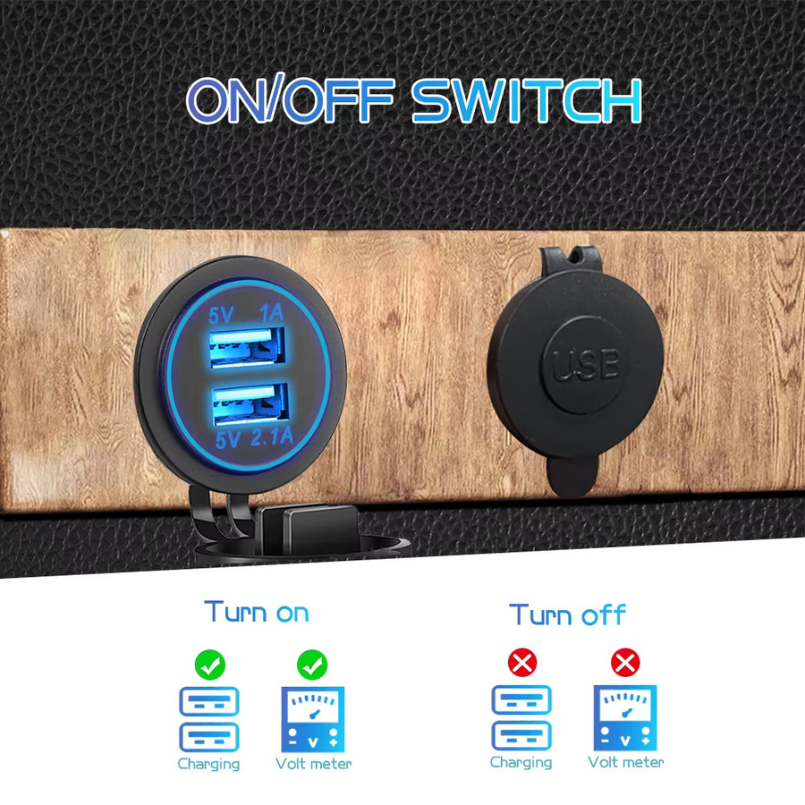 Kebidumei Dual USB Auto Ladegerät mit LED-Panel, wasserdichtes Netzteil für Fahrzeug, Boot, LKW und Motorrad, Schwarz - Bild 4