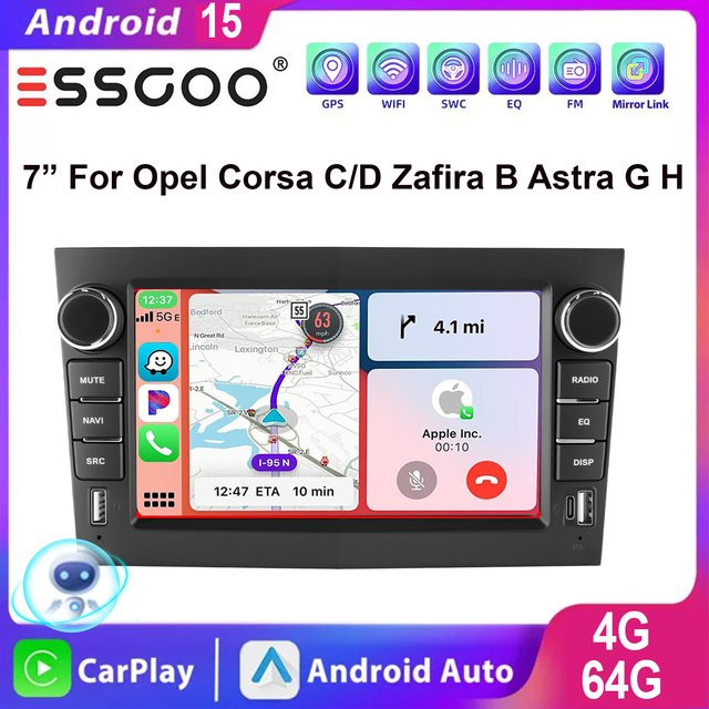 ESSGOO Android 15 Autoradio mit 7 Zoll IPS Touchscreen, 64 GB, Wireless Carplay, Android Auto, GPS, WiFi und Bluetooth für Opel Corsa C/D, Zafira B und Astra G/H, Farbe: Schwarz - Bild 1