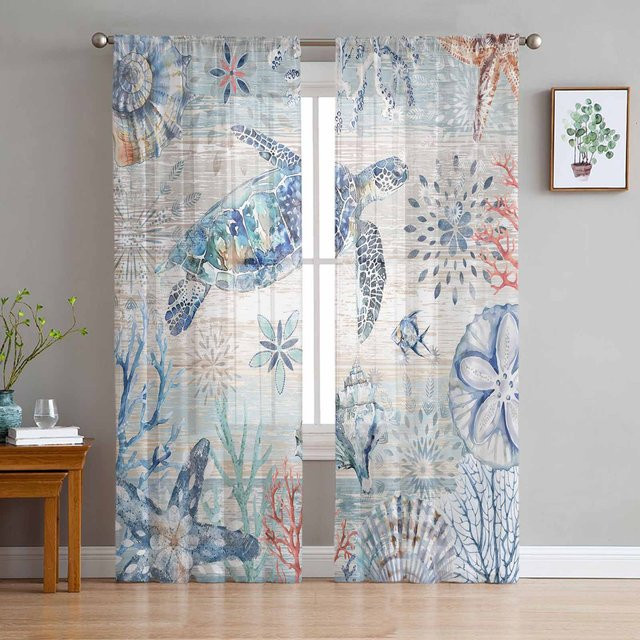 Super Six Marine Vorhänge mit Korallen, Muscheln und Schildkröten im Nautical-Design, Blau/Mehrfarbig, Chiffon, Breite: 135 cm, Höhe: 114 cm - Bild 1