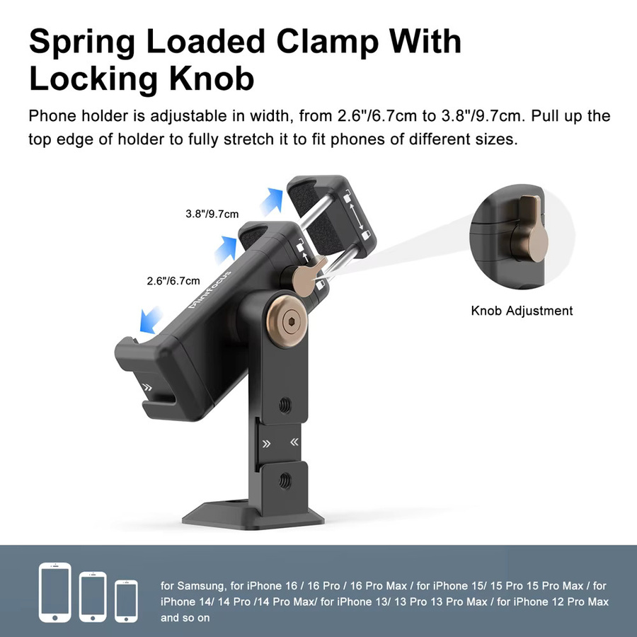 MINIFOCUS Metall-Handy-Stativhalterung in Schwarz mit 3 Cold-Shoes und Arca-Anschluss sowie 360 Grad Drehung für iPhone und iOS Smartphones - Bild 4