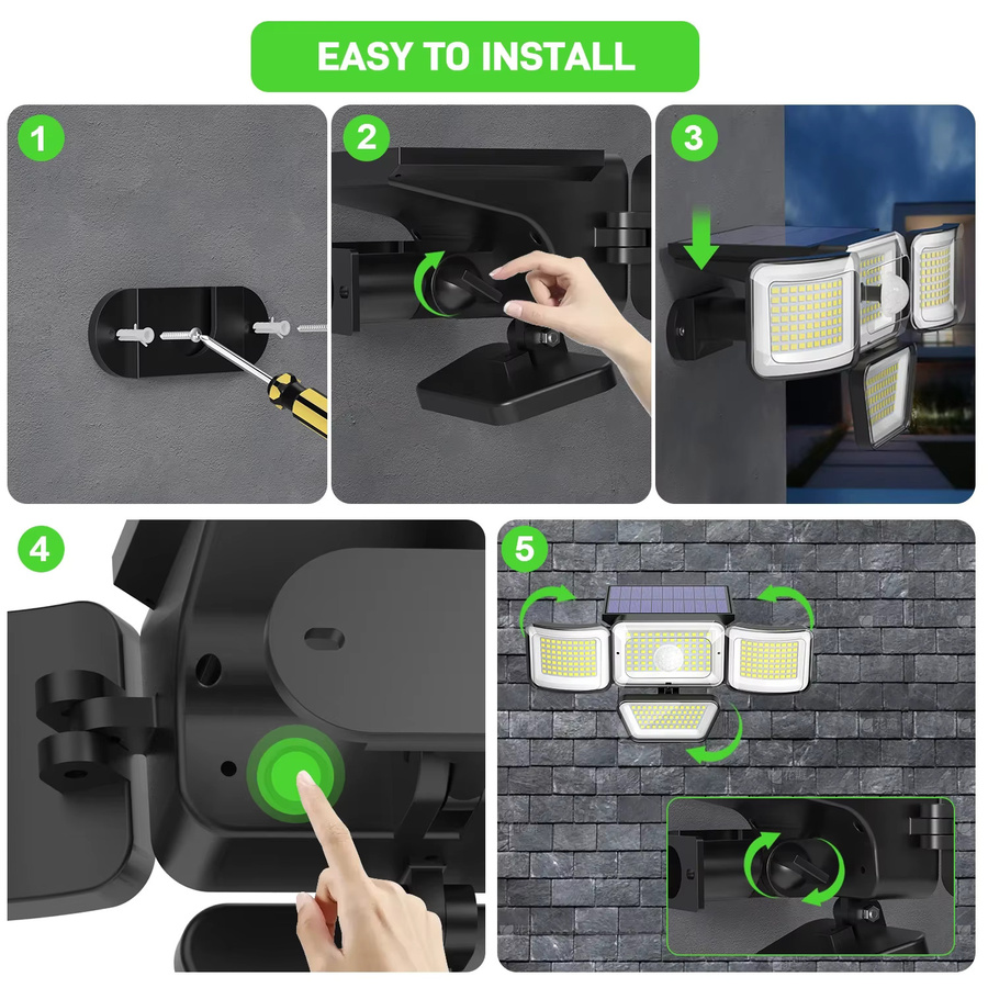 Swiatla Solar-Außenleuchten mit 278 LED, IP65 wasserdicht, Sicherheitsleuchten mit Bewegungssensor und Fernbedienung, schwarze Solar-Wandlampe für den Garten - Bild 6