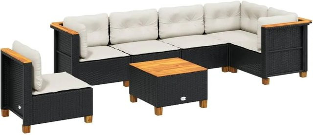 vidaXL 7-tlg Garten-Sofagarnitur aus Poly-Rattan und Akazienholz mit Kissen in Schwarz und Cremeweiß - Bild 1