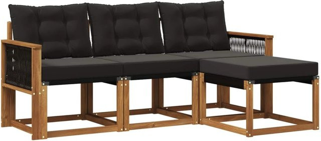 vidaXL Outdoor-Sofagarnitur L-Form aus massivem Akazienholz mit Textilene und Kissen, Schwarz/Natur - Bild 1