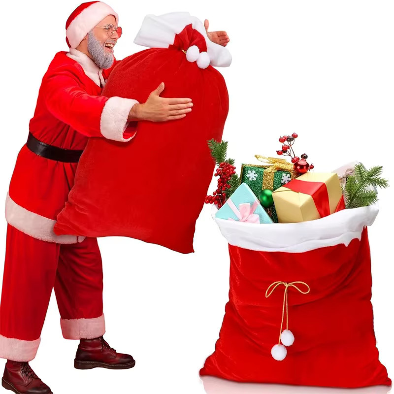 Flauschige Weihnachtsgeschenktüte aus rotem Samt in Weiß zur Aufbewahrung von Weihnachts- und Neujahrsgeschenken - Bild 3