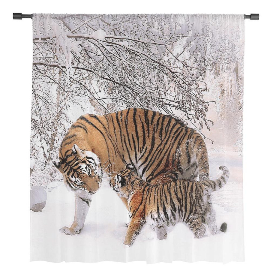 Yiran Furniture Transparente Tüll-Voile-Vorhänge mit Tiger-Motiv im Schnee, Breite: 135 cm, Höhe: 115 cm - Bild 1