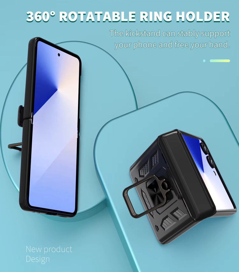 Stoßfeste Panzer-Ring-Handyhülle mit Scharnier-Verbindung für Samsung Galaxy Z Flip 7, Z Flip 6 und Z Flip 5 aus hartem PC in Schwarz und Gold - Bild 5