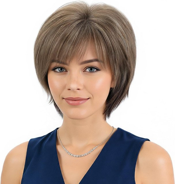 Suri Hair Kurzhaar-Perücke mit Pony, dunkelbraun-blond, glattes Kunsthaar, Damen - Bild 1