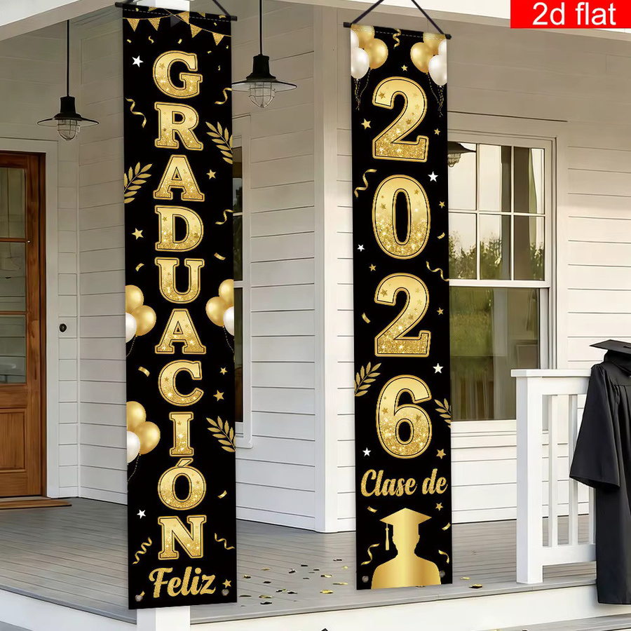 OURFETE Feliz Graduación Türbanner-Set für die Abschlussfeier 2026, Spanisches Graduierungsbanner in Schwarz und Gold zur Veranda-Dekoration - Bild 5