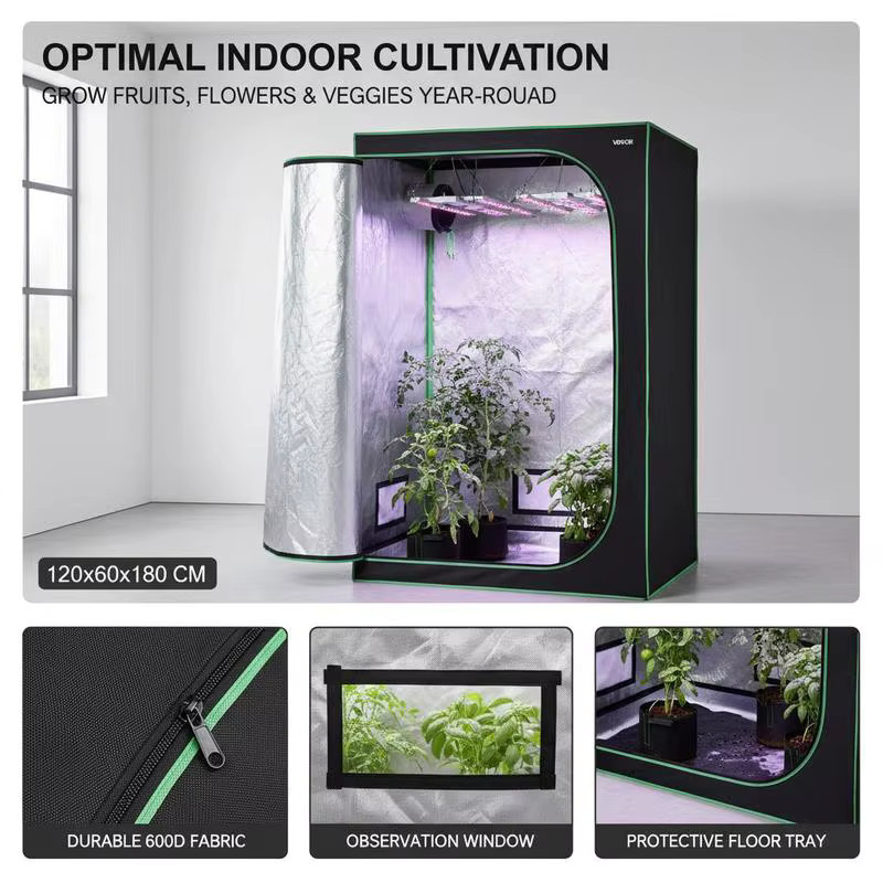 Pflanzzelt Growbox aus hochreflektierendem Mylar mit Sichtfenster, Bodenwanne und Reißverschluss für Indoor-Pflanzen, B/T/H: 120 x 60 x 180 cm - Bild 5