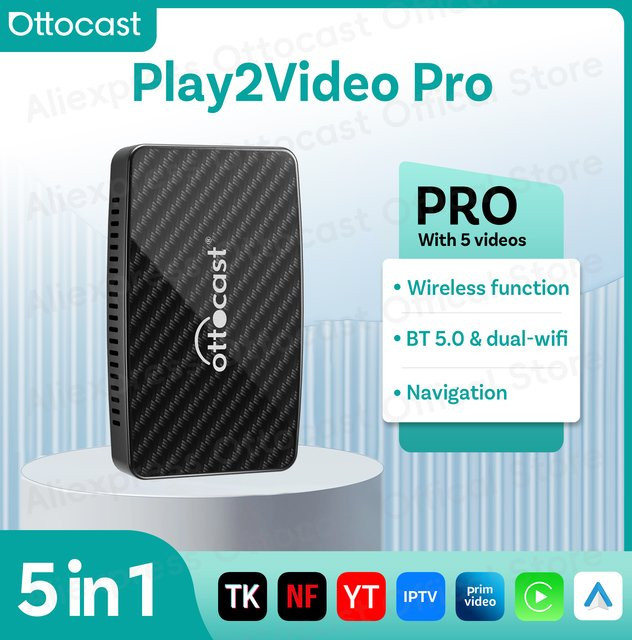 OTTOCAST Play2Video Pro Wireless CarPlay und Android Auto Adapter in Schwarz für YouTube und Prime Video zur Nutzung in Fahrzeugen von Benz, VW und Land Rover - Bild 1