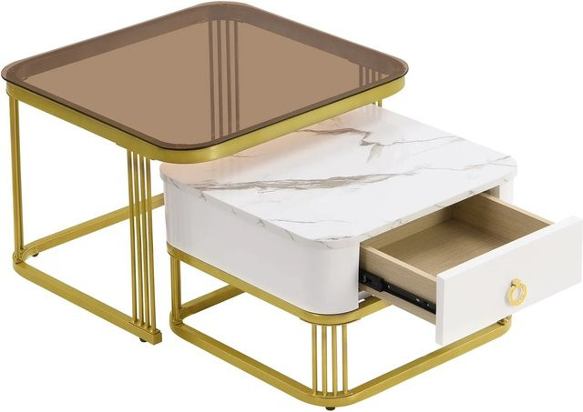 okwish Stapelbarer Couchtisch mit Schubladen und Glasplatte in Gold und Marmoroptik, B/T/H: 60 x 60 x 42,5 cm - Bild 1