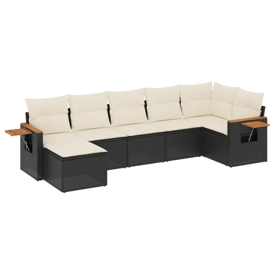 vidaXL 7-teilige Garten-Sofagarnitur aus Poly-Rattan und Akazienholz in Schwarz-Creme mit Kissen - Bild 2