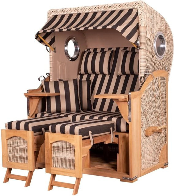 Bene Living Strandkorb Komplettset Ammersee Teak Bullauge PE Shell Modell 581 in Beige gestreift - Bild 1