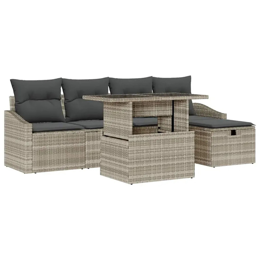 vidaXL Garten-Sofa-Set aus Polyrattan in Hellgrau, 6-teilige L-Shape Lounge-Garnitur mit Kissen, 3-Sitzer, 2-Sitzer, Ottoman und Couchtisch mit Glasplatte - Bild 2