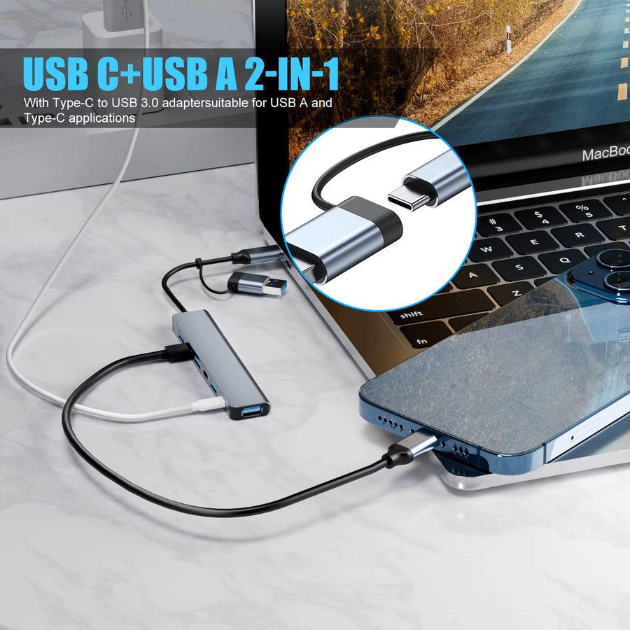 7-in-1 USB-C-Hub mit USB 3.0 und USB 2.0 Anschlüssen für Hochgeschwindigkeits-Datenübertragung in Grau, Plug & Play für MacBook Pro, MacBook Air, PC, iPad und Laptops - Bild 4