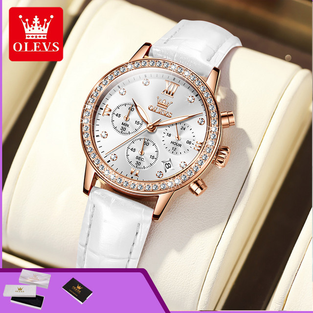 OLEVS Armbanduhr, Chronograph, Diamantbesetzt, Leder, Damen, Weiß - Bild 1