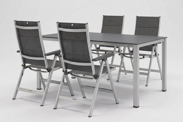 Kettler KETTALUX-Plus/Basic Plus Sitzgruppe aus Aluminium und Textilene in Silber/Anthrazit mit Tisch und 4 Klappstühlen, Tisch Breite: 160 cm, Tiefe: 95 cm - Bild 1