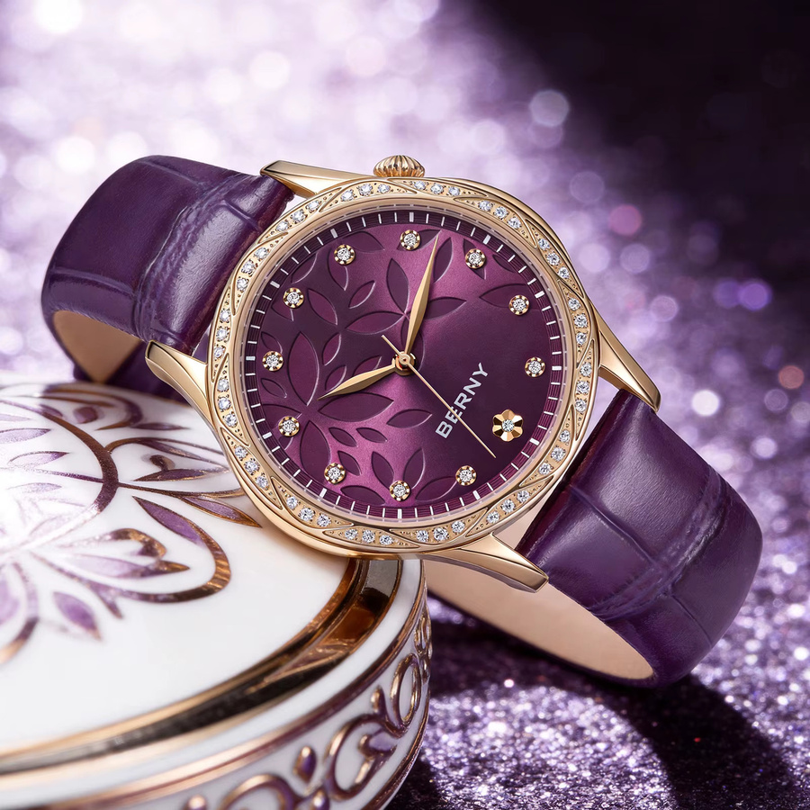 BERNY Armbanduhr Quarz, Roségoldgehäuse, lila, Diamant, Zirkonia, Leder, Damen - Bild 4