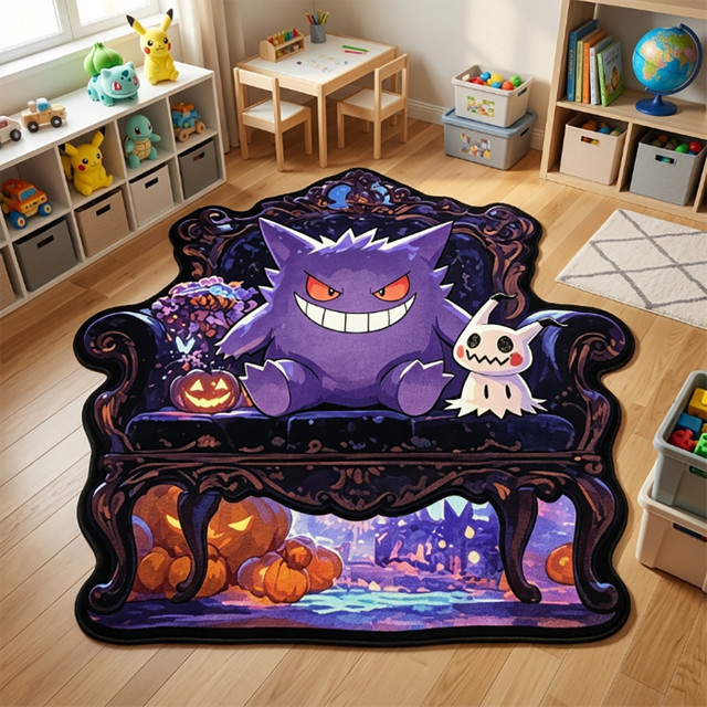 Bandai Pokemon Gengar Teppich in Lila mit 3D-Druck, waschbare Bodenmatte im Vintage Halloween Design für Anime-Fans - Bild 1