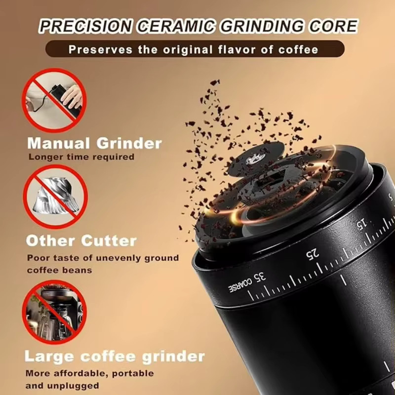 Elektrische CREAROMA Kaffeemühle mit Kegelmahlwerk in Schwarz, tragbare Kaffeemühle mit 38 Mahlgraden für grobe und feine Einstellungen - Bild 2