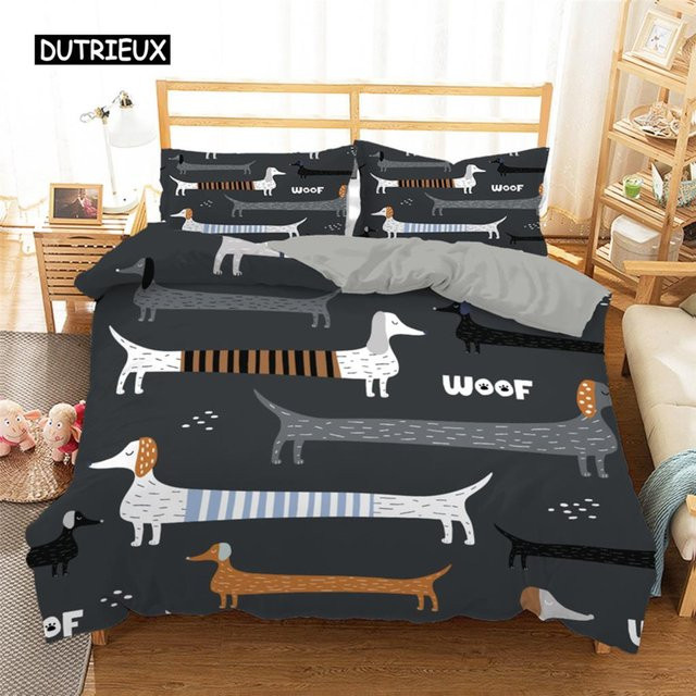 Dackel Bettwäsche-Set mit buntem Welpen-Design aus Microfaser, 3-teilig, B/H: 150 x 200 cm, Mehrfarbig - Bild 1