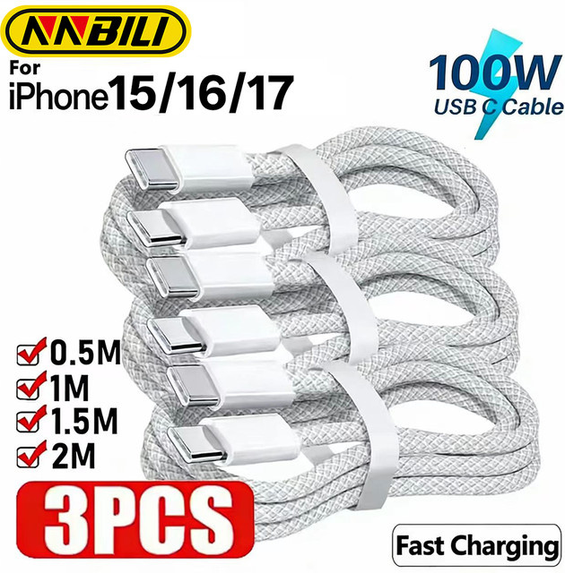 NNBILI 3er-Pack USB-C zu USB-C Schnellladekabel 100W in Grau und Weiß - Bild 1